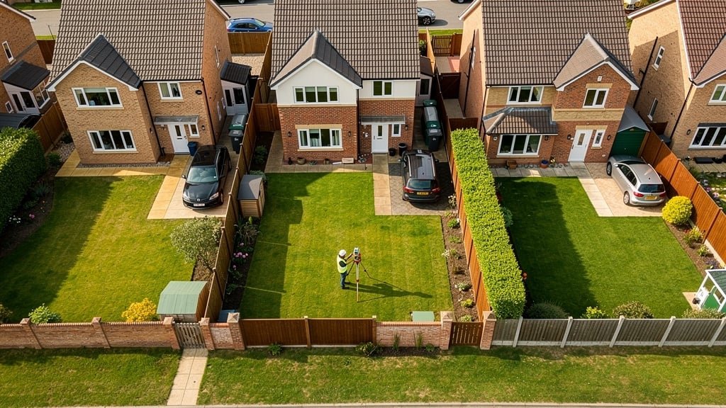 Aerial view showing property boundaries and topographic features