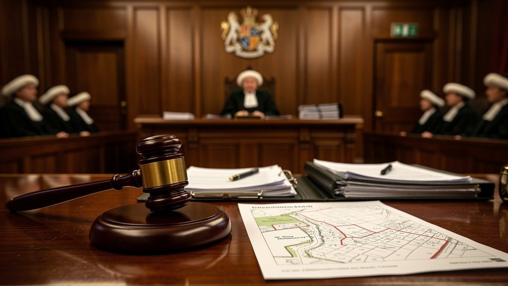 Courtroom scene with legal documents for boundary dispute