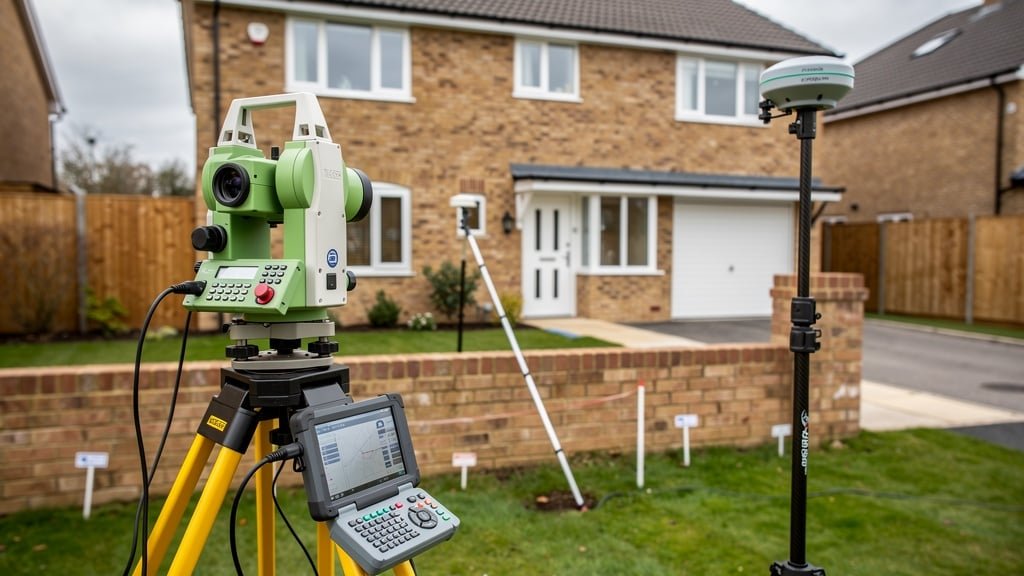 Professional GPS surveying equipment at property boundary
